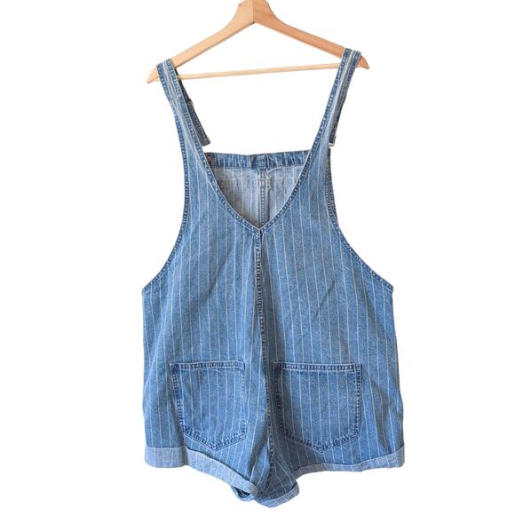 Madewell Womens Pinyon Short Overalls Pinstripe Denim Blue Shortalls XL Farmer - Picture 2 of 5